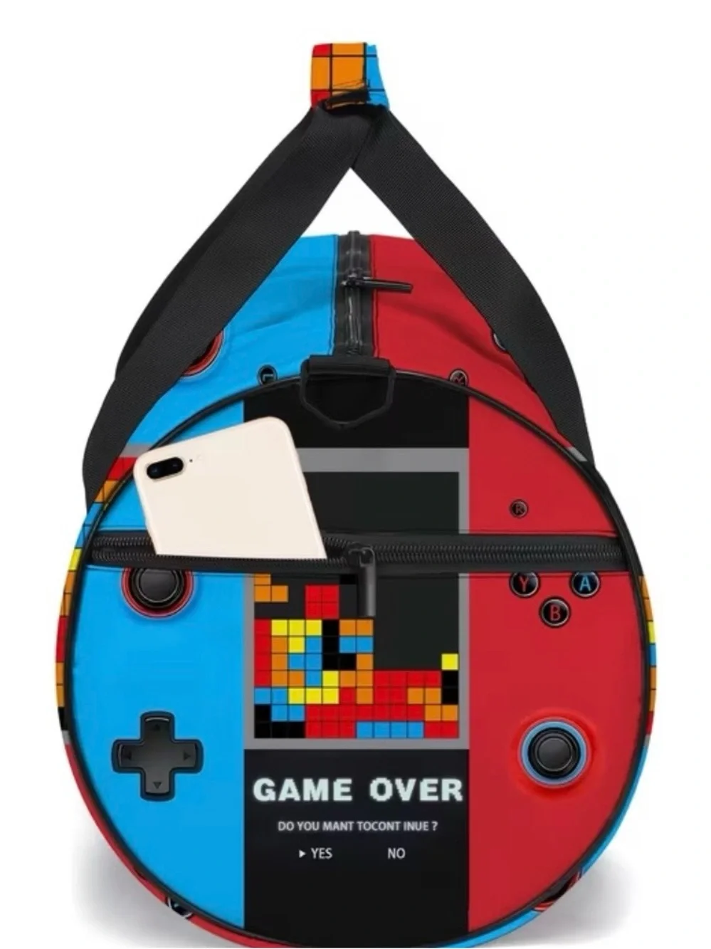 Retro Pixel 'Game Over' Travel Duffel Bag - Black/Red/Blue
